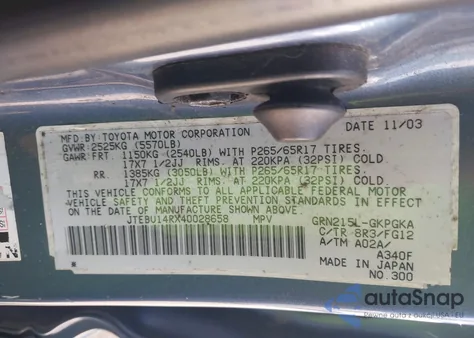 2004 Toyota 4Runner Sr5 V6 from USA, damaged, VIN JTEBU14RX40028658